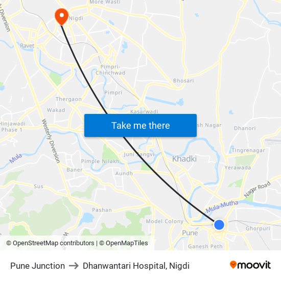 Pune Junction to Dhanwantari Hospital, Nigdi map