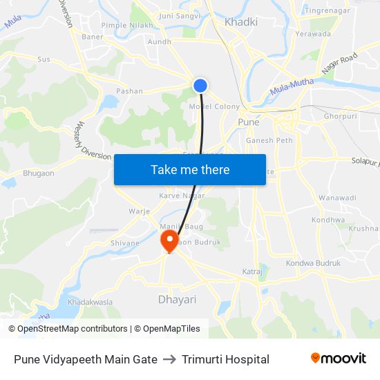 Pune Vidyapeeth Main Gate to Trimurti Hospital map