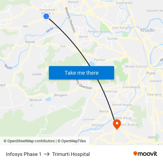 Infosys Phase 1 to Trimurti Hospital map