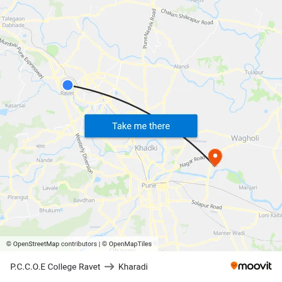P.C.C.O.E College Ravet to Kharadi map