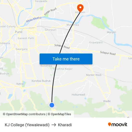 KJ College (Yewalewadi) to Kharadi map