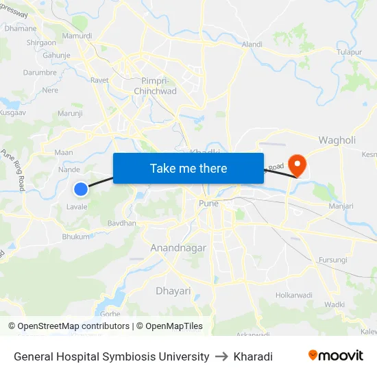 General Hospital Symbiosis University to Kharadi map