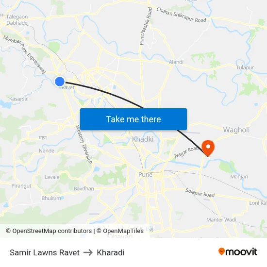 Samir Lawns Ravet to Kharadi map