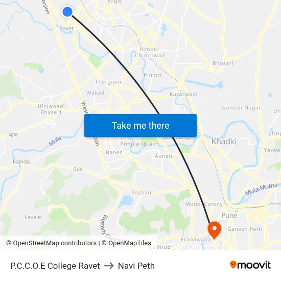 P.C.C.O.E College Ravet to Navi Peth map