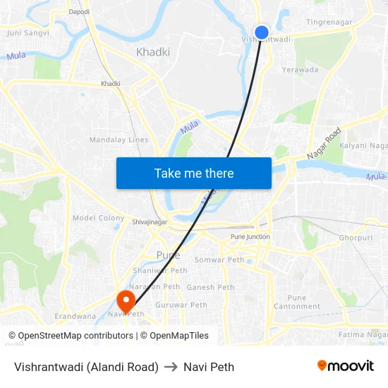 Vishrantwadi (Alandi Road) to Navi Peth map