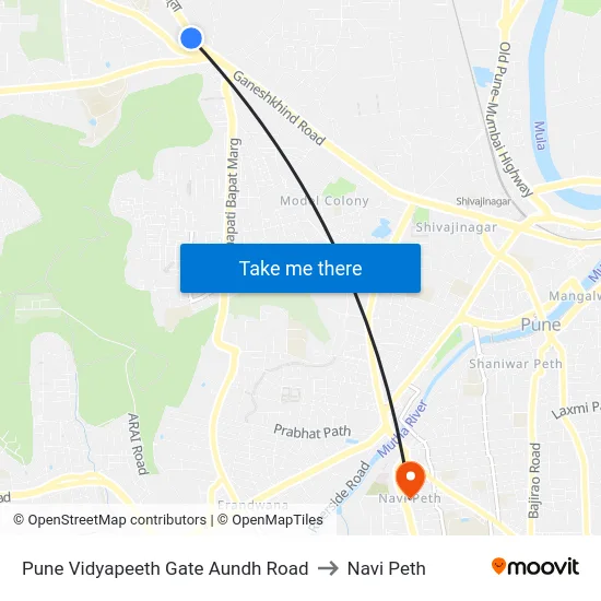 Pune Vidyapeeth Gate Aundh Road to Navi Peth map