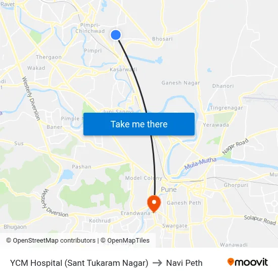 YCM Hospital (Sant Tukaram Nagar) to Navi Peth map