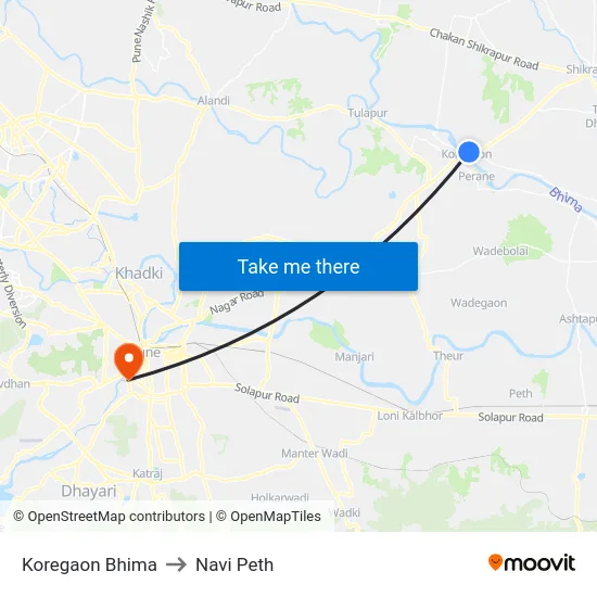 Koregaon Bhima to Navi Peth map
