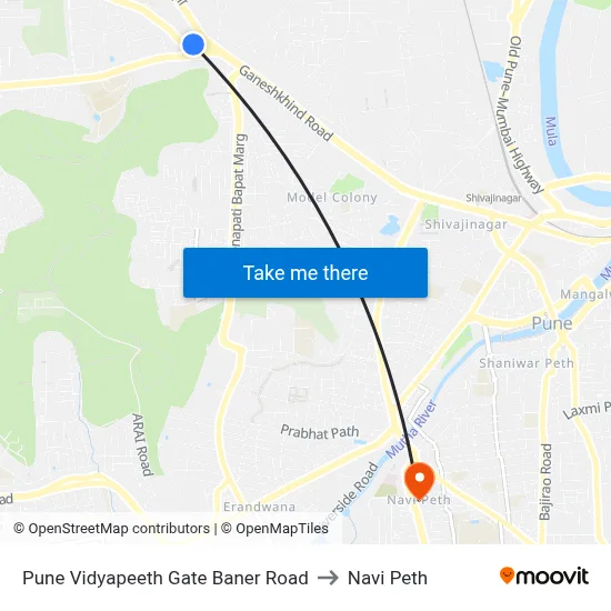 Pune Vidyapeeth Gate Baner Road to Navi Peth map