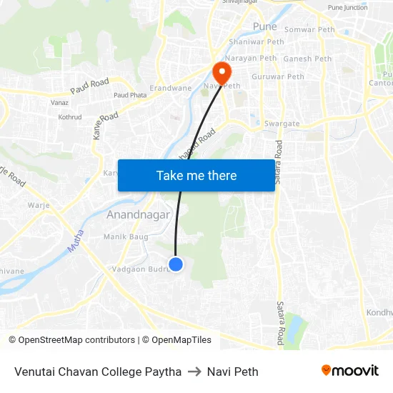 Venutai Chavan College Paytha to Navi Peth map