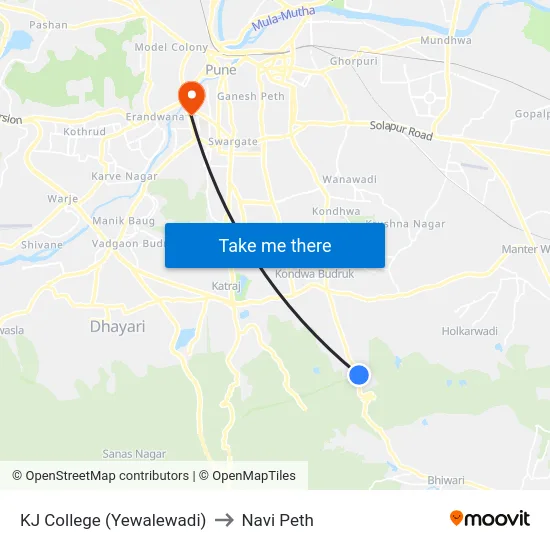 KJ College (Yewalewadi) to Navi Peth map