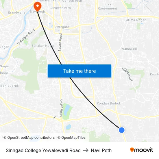 Sinhgad College Yewalewadi Road to Navi Peth map