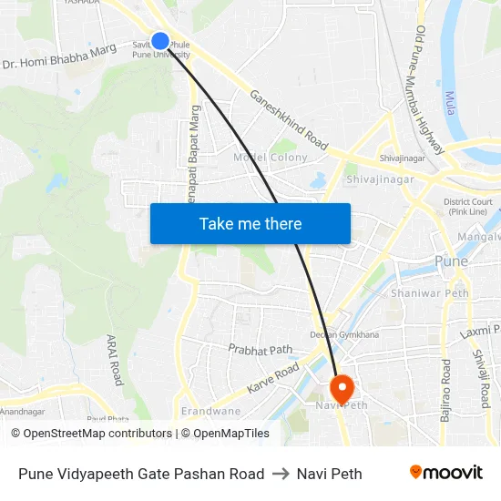 Pune Vidyapeeth Gate Pashan Road to Navi Peth map