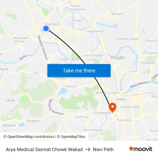 Arya Medical Samrat Chowk Wakad to Navi Peth map
