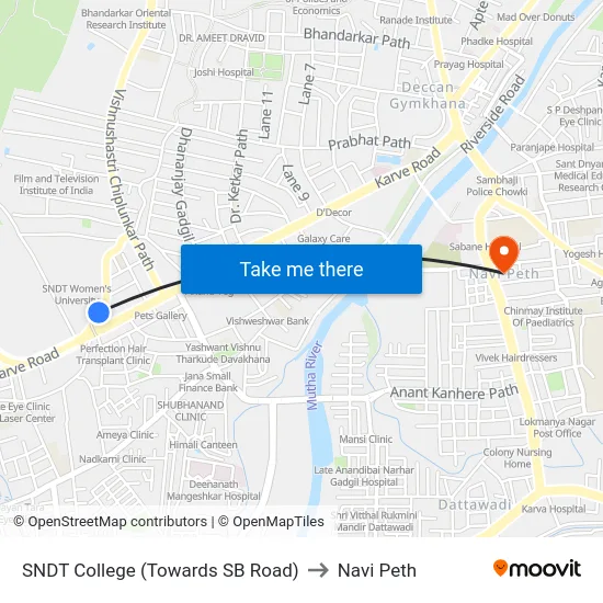 SNDT College (Towards SB Road) to Navi Peth map