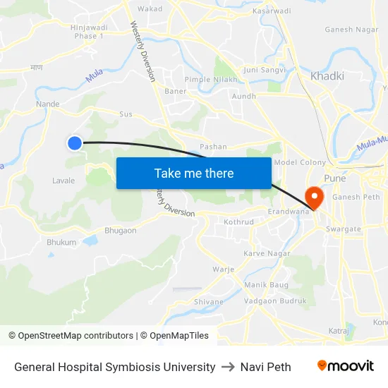 General Hospital Symbiosis University to Navi Peth map