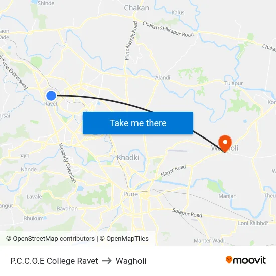 P.C.C.O.E College Ravet to Wagholi map