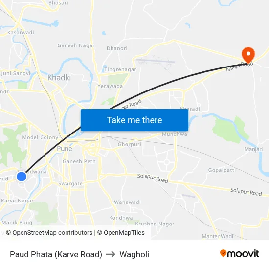 Paud Phata (Karve Road) to Wagholi map