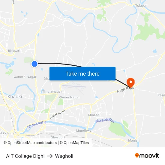 AIT College Dighi to Wagholi map