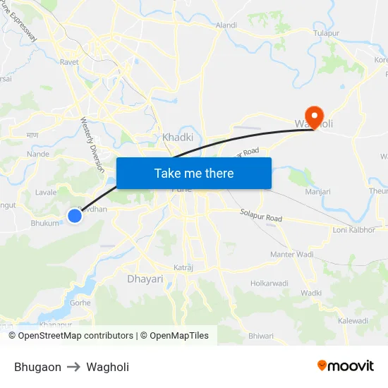 Bhugaon to Wagholi map
