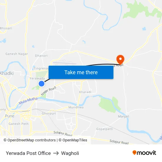 Yerwada Post Office to Wagholi map