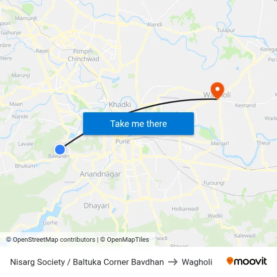 Nisarg Society / Baltuka Corner Bavdhan to Wagholi map