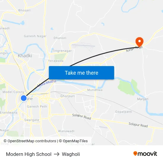 Modern High School to Wagholi map