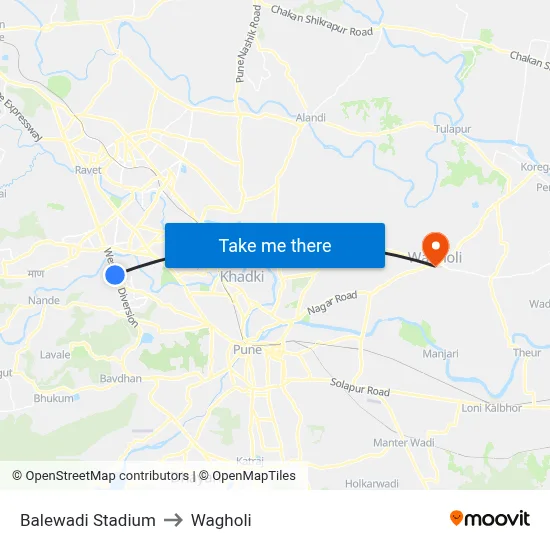 Balewadi Stadium to Wagholi map