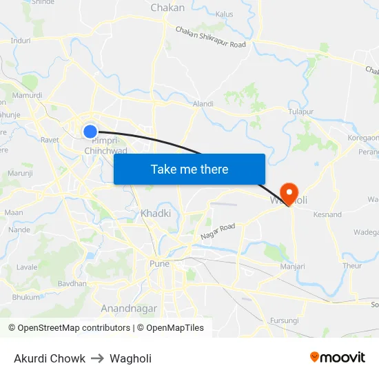 Akurdi Chowk to Wagholi map