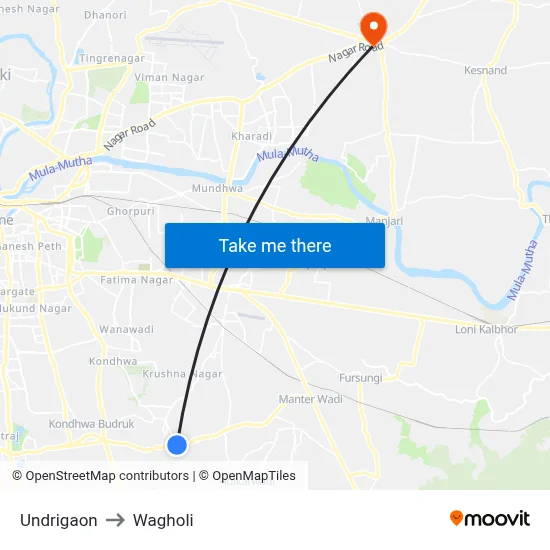 Undrigaon to Wagholi map