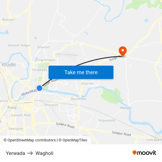 Yerwada to Wagholi map