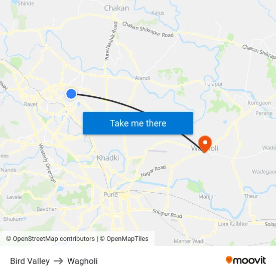 Bird Valley to Wagholi map