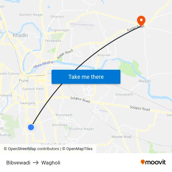 Bibvewadi to Wagholi map