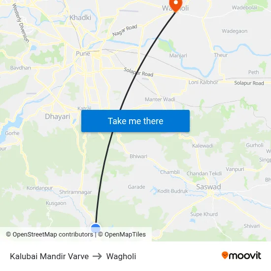Kalubai Mandir Varve to Wagholi map