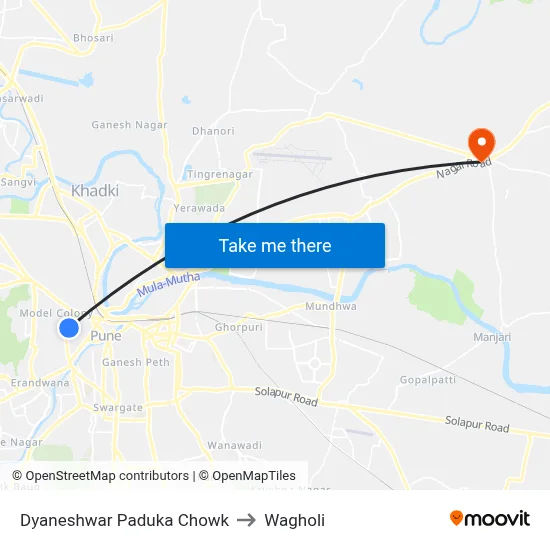 Dyaneshwar Paduka Chowk to Wagholi map