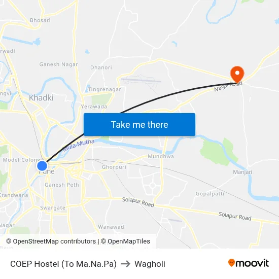 COEP Hostel (To Ma.Na.Pa) to Wagholi map