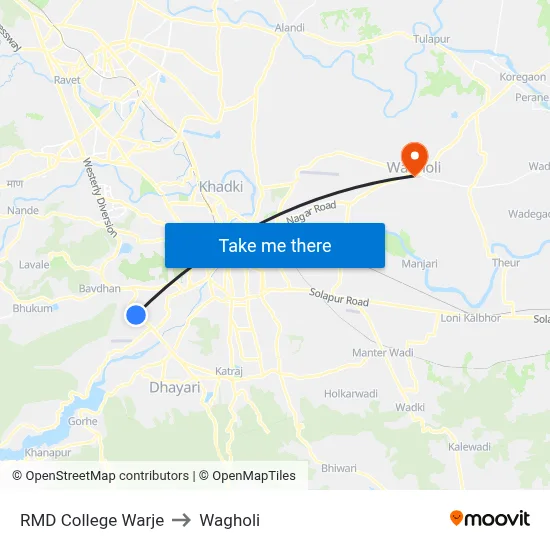 RMD College Warje to Wagholi map
