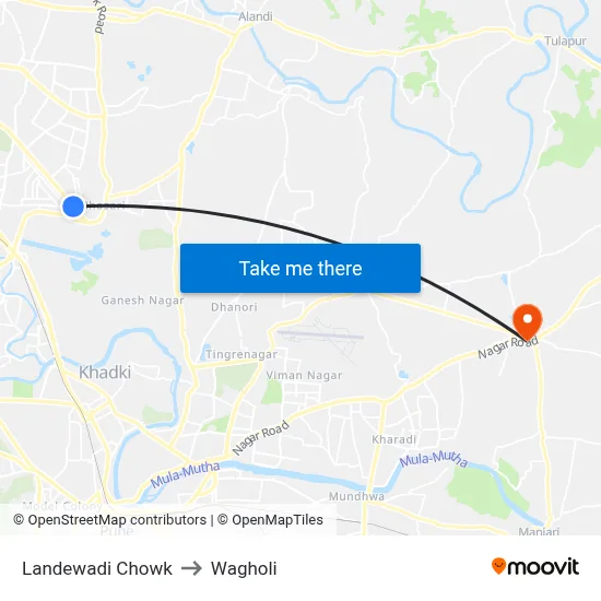 Landewadi Chowk to Wagholi map