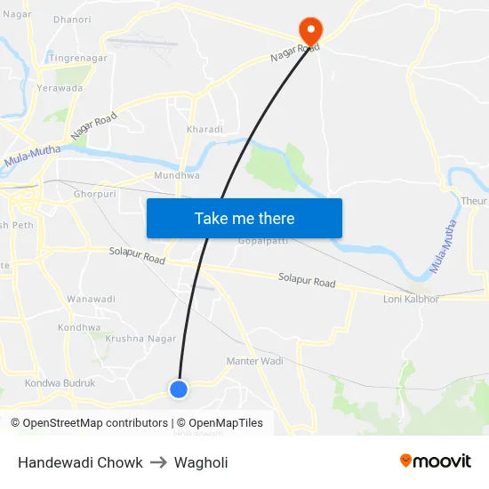 Handewadi Chowk to Wagholi map