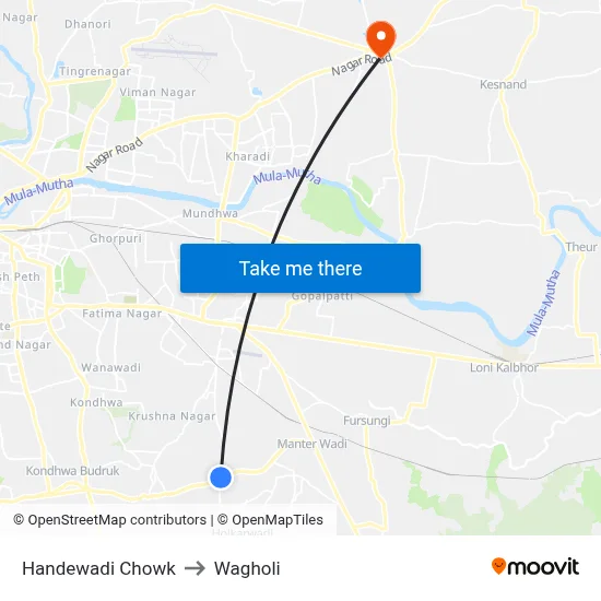 Handewadi Chowk to Wagholi map