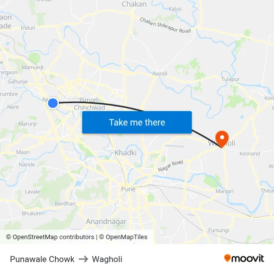 Punawale Chowk to Wagholi map