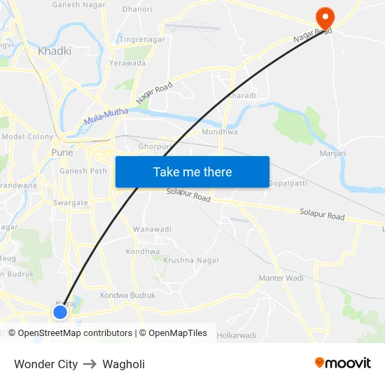 Wonder City to Wagholi map