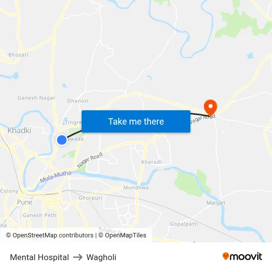 Mental Hospital to Wagholi map