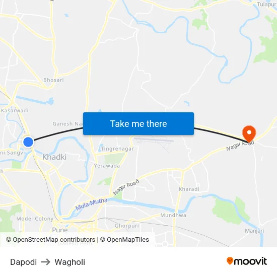 Dapodi to Wagholi map
