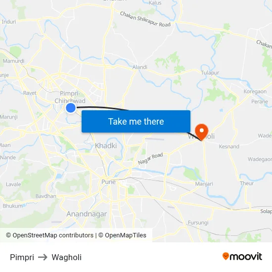 Pimpri to Wagholi map