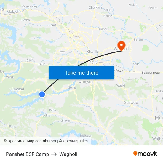 Panshet BSF Camp to Wagholi map