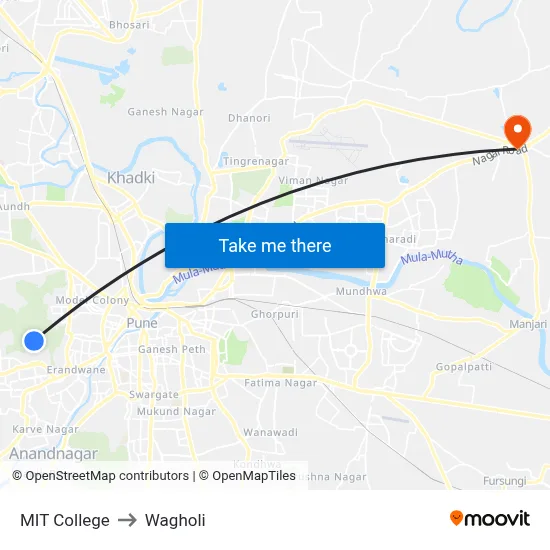MIT College to Wagholi map