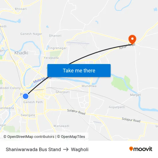 Shaniwarwada Bus Stand to Wagholi map