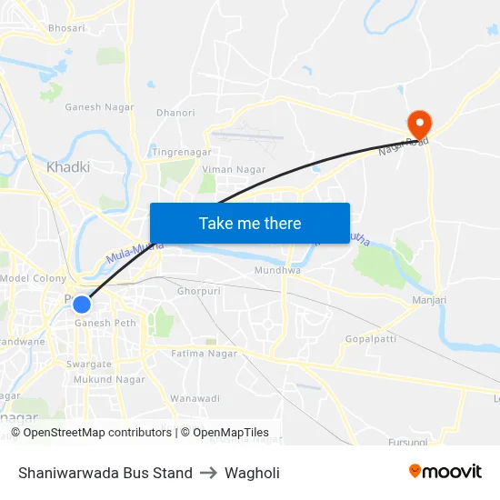 Shaniwarwada Bus Stand to Wagholi map