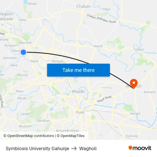 Symbiosis University Gahunje to Wagholi map